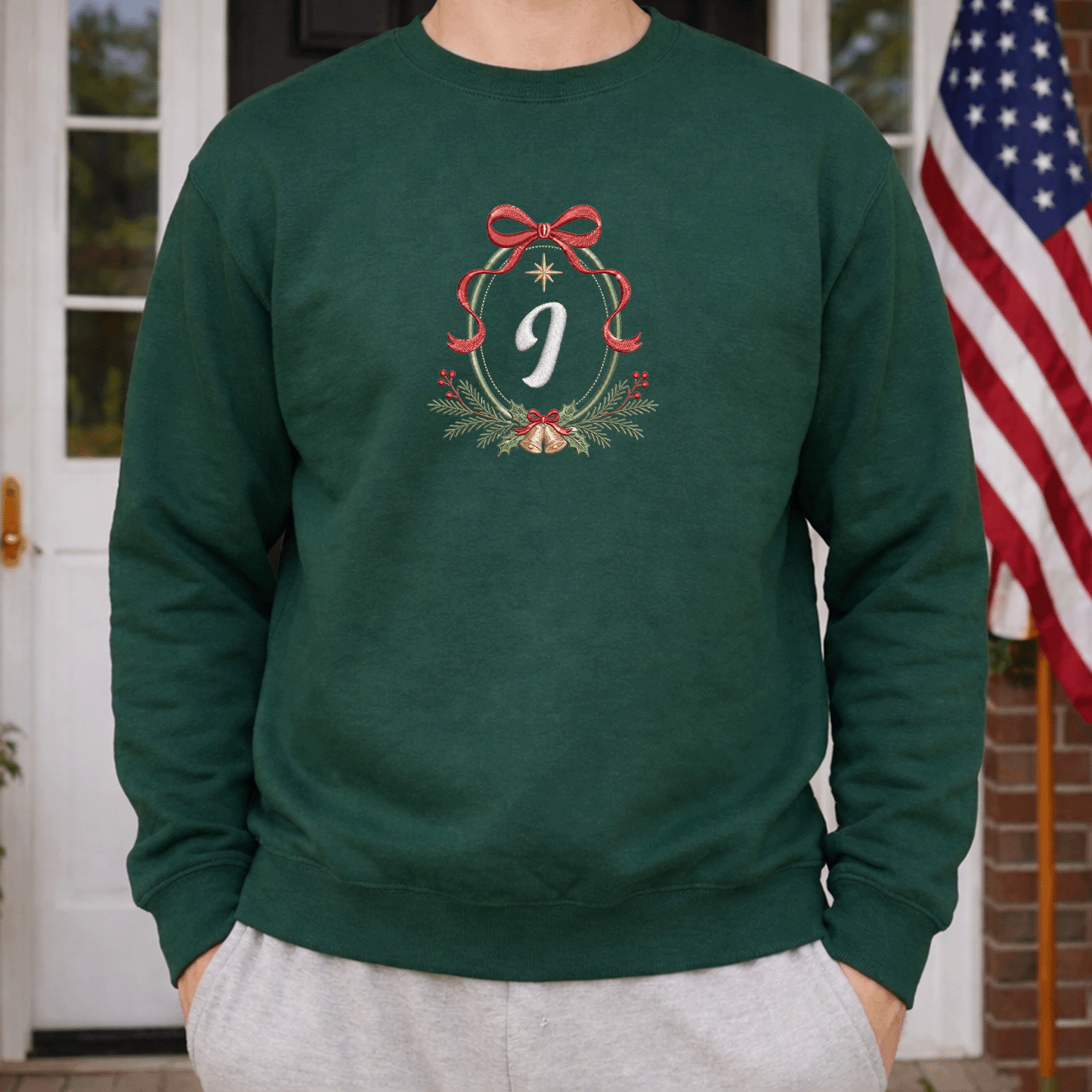 Personalized Embroidered Christmas Monogram Wreath Sweatshirt with Custom Initial