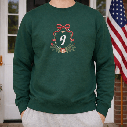 Personalized Embroidered Christmas Monogram Wreath Sweatshirt with Custom Initial