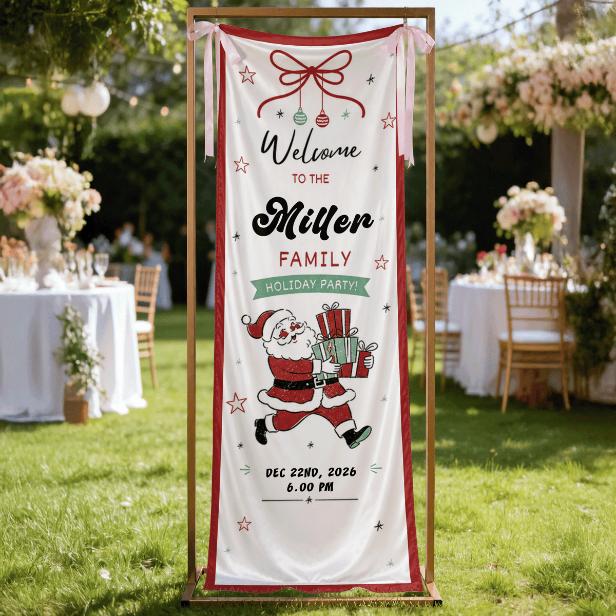 Vintage Running Santa Claus Holiday Party Fabric Welcome Banner, Personalized Family Name Christmas Entrance Hanging Sign with Ribbon Ties, Classic Xmas Gifts Party Decor