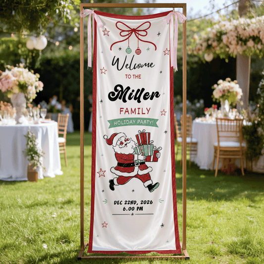 Vintage Running Santa Claus Holiday Party Fabric Welcome Banner