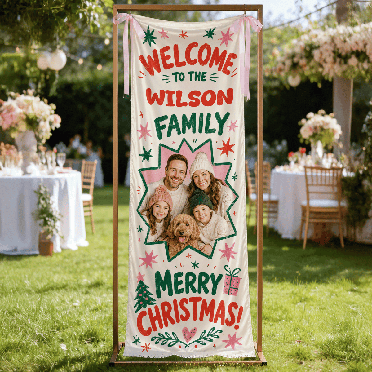Custom Photo Star Frame Christmas Family Fabric Welcome Banner, Personalized Family Name Holiday Entrance Hanging Sign with Ribbon Ties, Colorful Retro Star Christmas Party Decor
