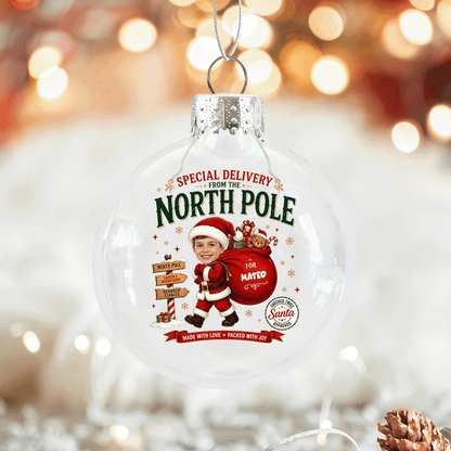 Custom Photo Kid Personalized Name Special Delivery From North Pole Clear Ball Ornament, Double-Sided Shatterproof Plastic Bauble