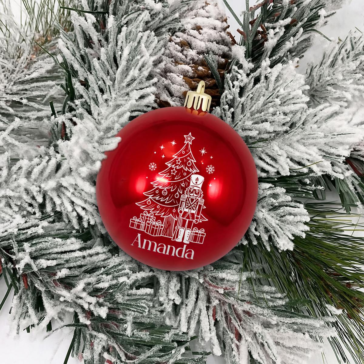 Personalized Name Nutcracker Christmas Tree Red Ball Ornament, Custom Line Art Shatterproof Plastic Bauble