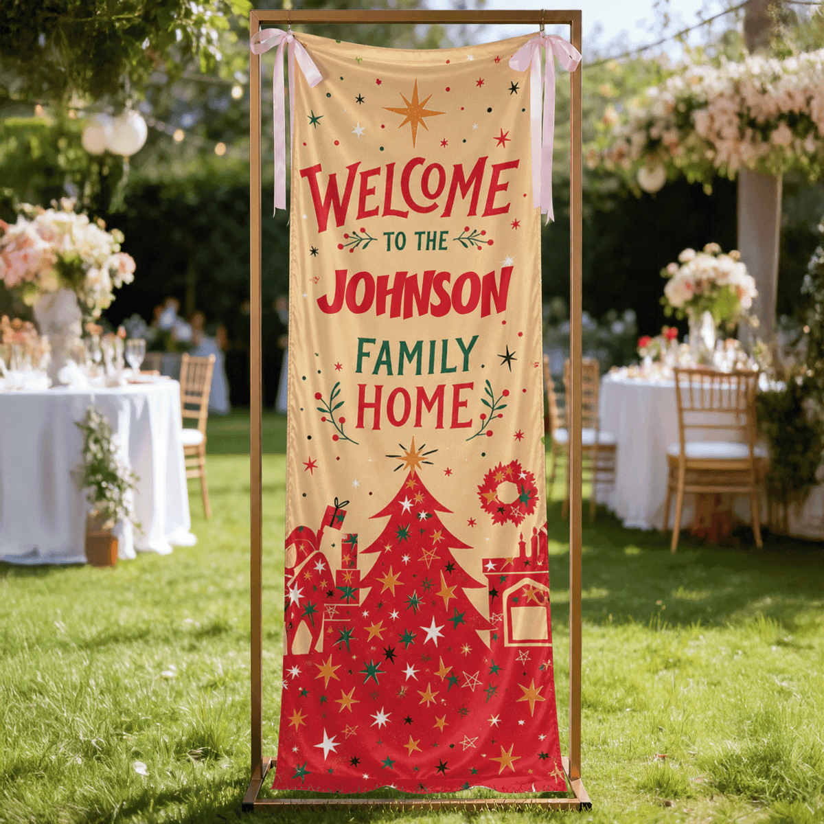 Gold Sparkle Red Christmas Tree Family Fabric Welcome Banner, Personalized Family Name Home Entrance Hanging Sign with Ribbon Ties, Mid-Century Modern Xmas Decor