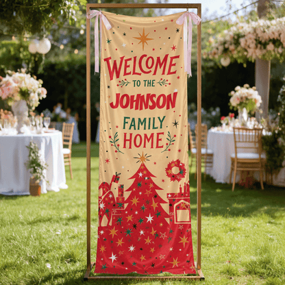 Gold Sparkle Red Christmas Tree Family Fabric Welcome Banner, Personalized Family Name Home Entrance Hanging Sign with Ribbon Ties, Mid-Century Modern Xmas Decor
