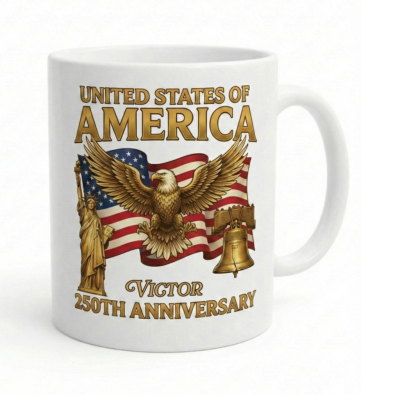 United States of America 250th Anniversary Personalized White Mug – Patriotic Eagle Liberty Bell Mug