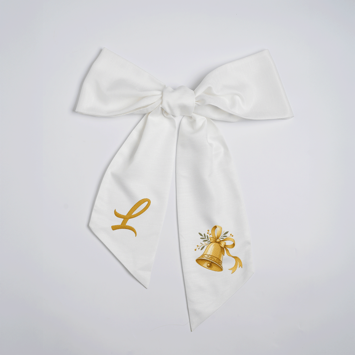 Custom Letter Golden Christmas Bell Embroidered Linen Wreath Sash, Personalized Monogram Holiday Bow Sash for Door Decor
