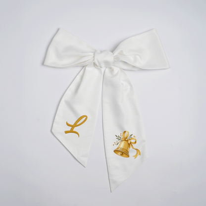 Custom Letter Golden Christmas Bell Embroidered Linen Wreath Sash, Personalized Monogram Holiday Bow Sash for Door Decor
