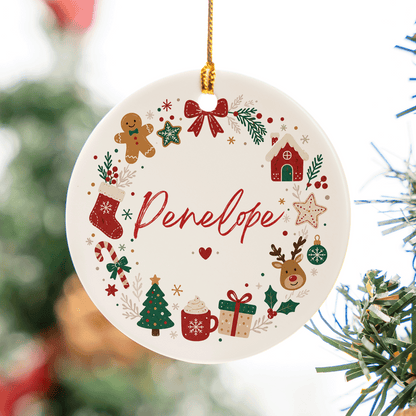 Close up of the Christmas icon wreath ceramic ornament with custom script name