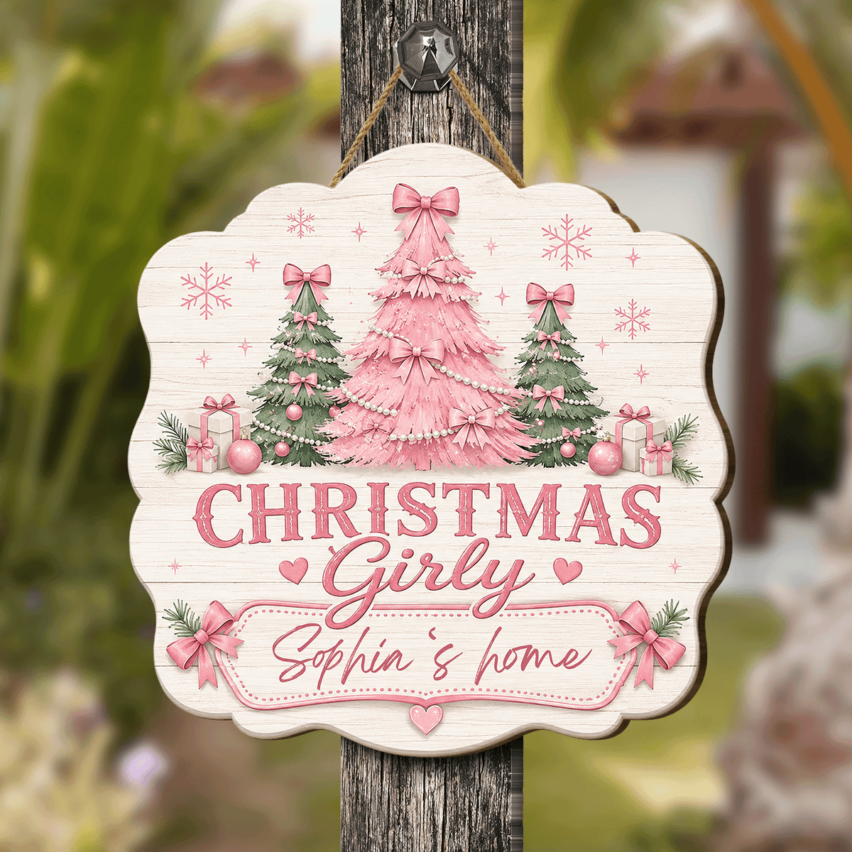 Personalized Christmas Girly Trees Custom Shape Wood Sign, Custom Family Name Pink Coquette Christmas Tree Wooden Hanging Plaque, Pastel Holiday Door & Wall Decor Family Gift