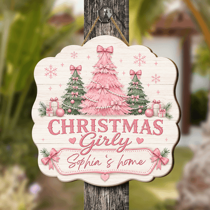 Personalized Christmas Girly Trees Custom Shape Wood Sign, Custom Family Name Pink Coquette Christmas Tree Wooden Hanging Plaque, Pastel Holiday Door & Wall Decor Family Gift