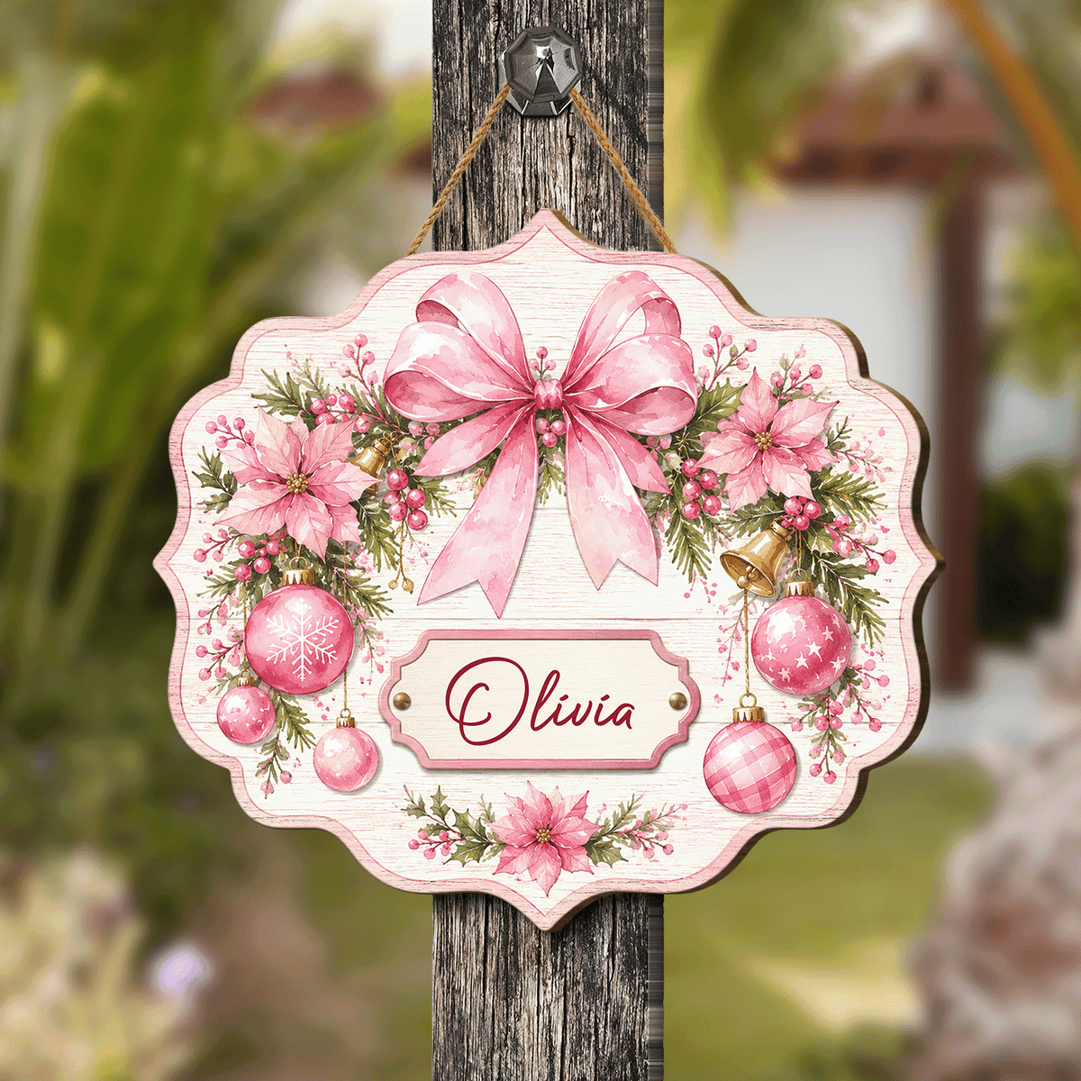 Personalized Pink Bow Poinsettia Wreath Custom Shape Wood Sign, Custom Family Name Pink Ribbon Christmas Bauble Wooden Hanging Plaque, Pastel Holiday Door & Wall Decor Family Gift