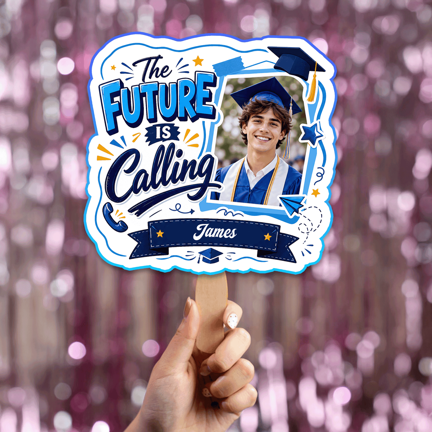 Personalized The Future Is Calling Custom Shape Photo Hand Fan, Graduation Fan with Photo & Name