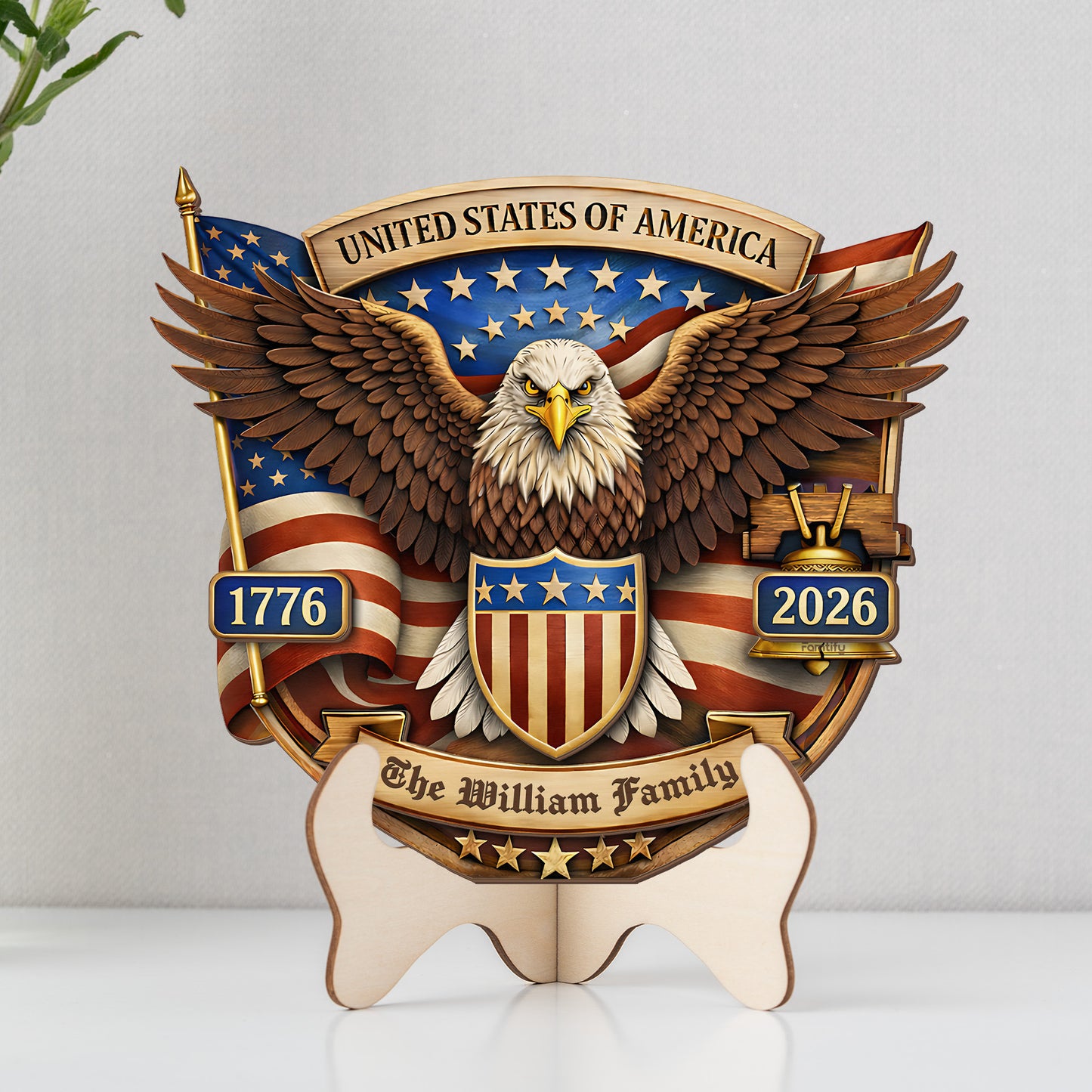 Personalized USA 250th Anniversary 2-Layer Wood Sign – Patriotic Eagle Emblem 1776–2026 Custom Family Name Door Decor