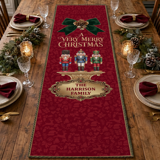 Red quilt table runner reading A Very Merry Christmas with green bow, three vintage nutcrackers and gold custom family name plaque