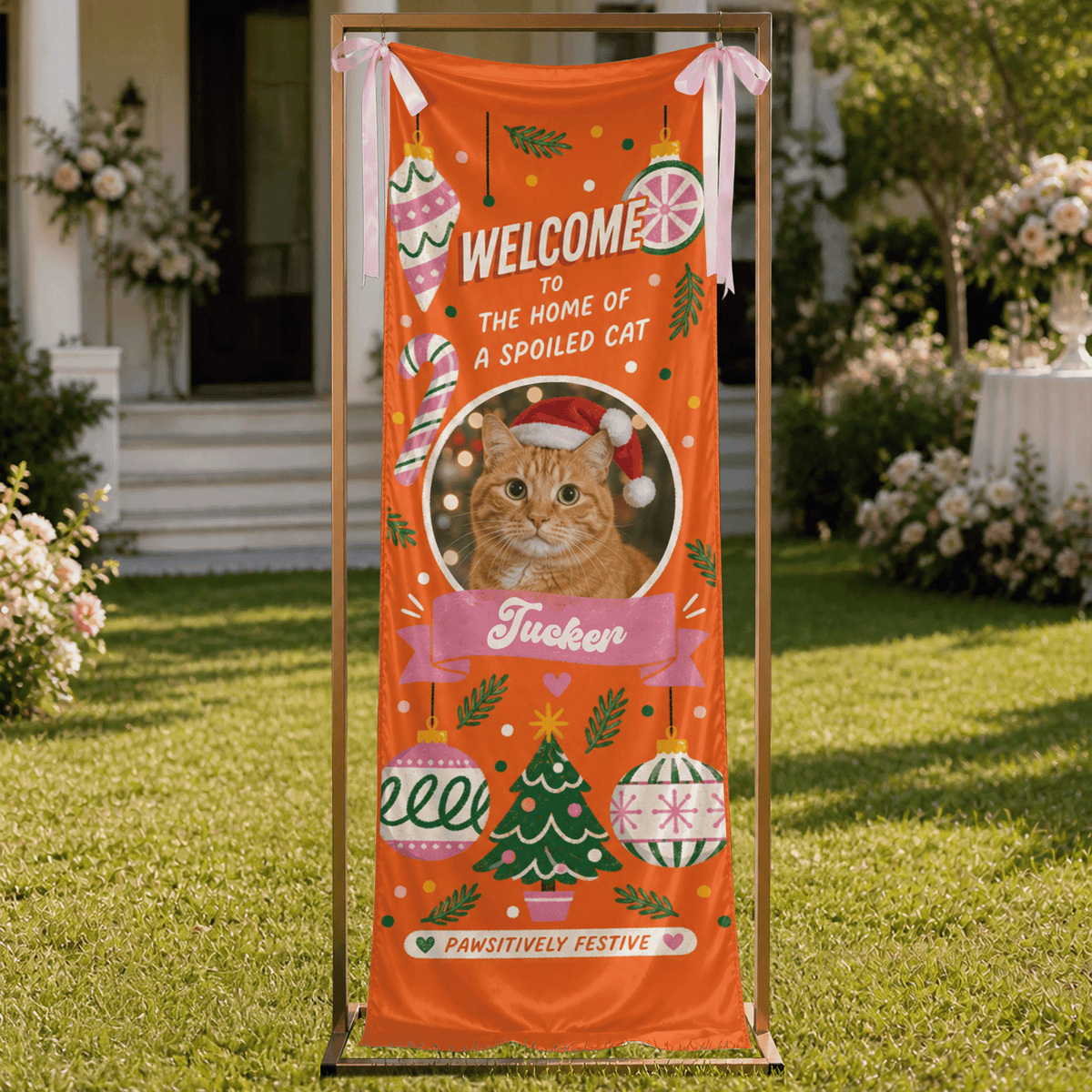 Custom Photo Cat Christmas Family Fabric Welcome Banner, Personalized Cat Name Home of a Spoiled Cat Entrance Hanging Sign with Ribbon Ties, Orange Holiday Party Decor
