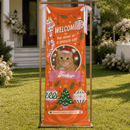 Custom Photo Cat Christmas Family Fabric Welcome Banner, Personalized Cat Name Home of a Spoiled Cat Entrance Hanging Sign with Ribbon Ties, Orange Holiday Party Decor