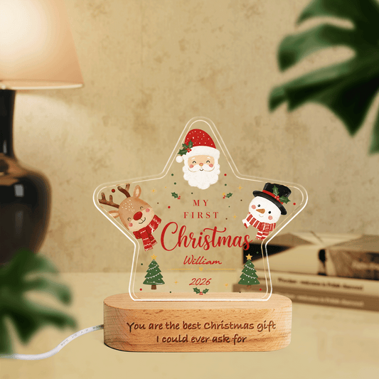 Personalized Baby's First Christmas star acrylic night light with baby name