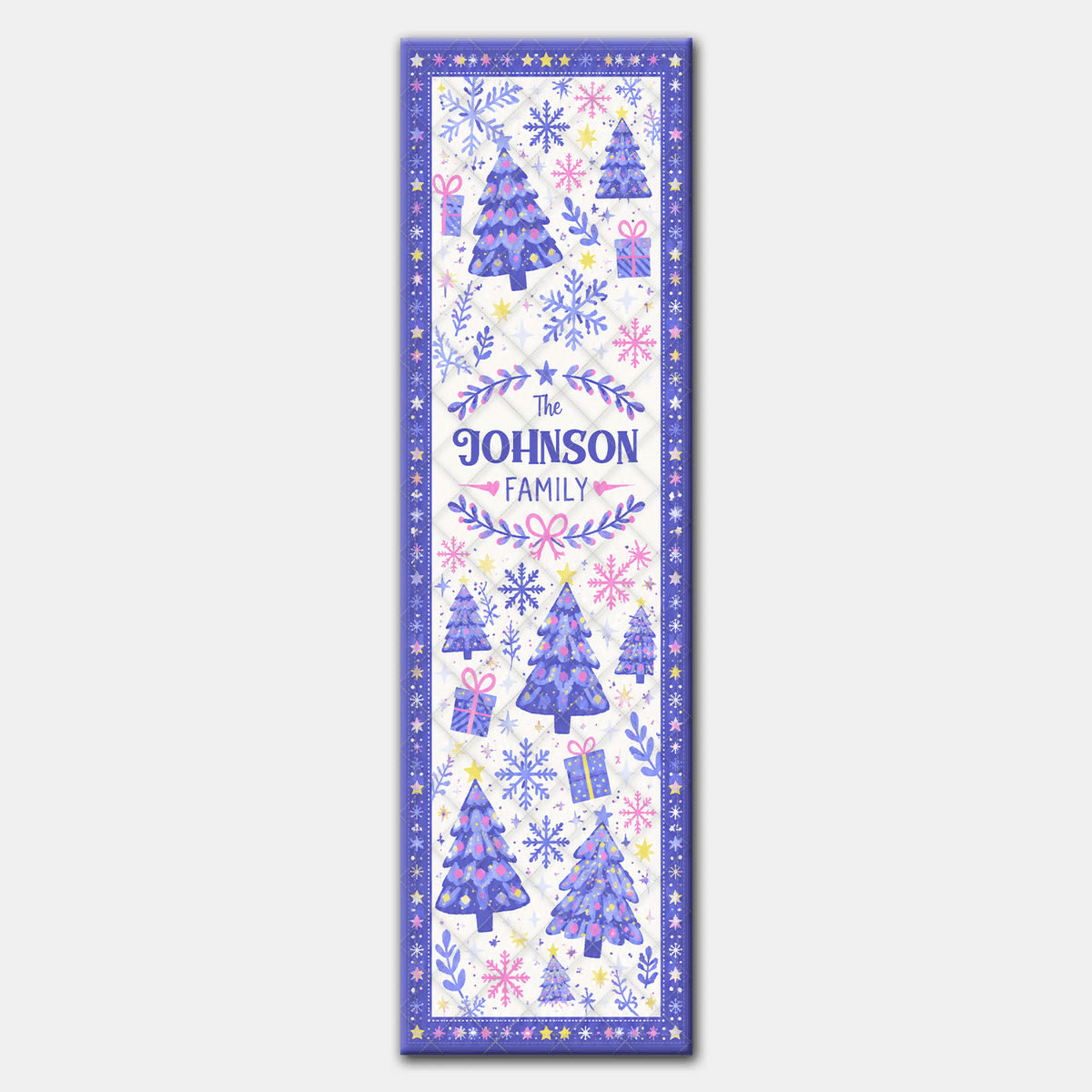 Personalized Family Name Lavender Winter Trees Quilt Table Runner, Custom Royal Blue Snowflake Quilted Table Runner Decor, Pastel Christmas Dining Room Table Topper