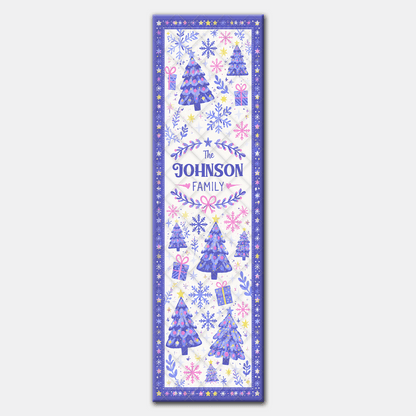 Personalized Family Name Lavender Winter Trees Quilt Table Runner, Custom Royal Blue Snowflake Quilted Table Runner Decor, Pastel Christmas Dining Room Table Topper