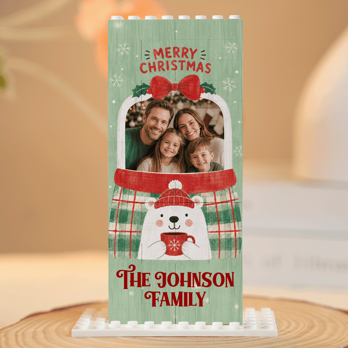 Personalized Photo Christmas Building Block in Vertical Sage Green, Custom Family Name Snow Globe & Polar Bear Brick Puzzle Keepsake Decor, Festive Holiday Desk Gift