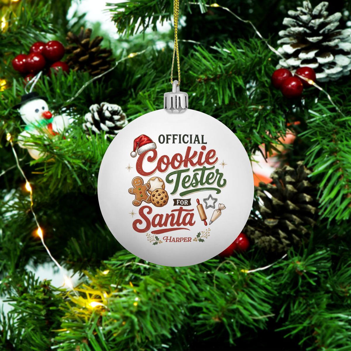 Personalized Name Official Cookie Tester For Santa White Christmas Ball Ornament, Custom Shatterproof Plastic Holiday Bauble