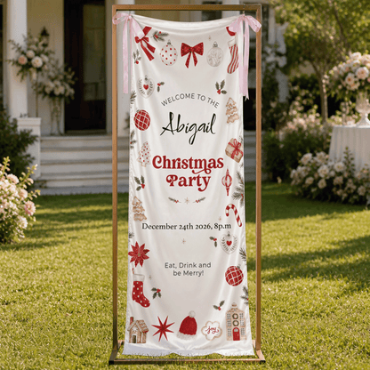 Custom Christmas Party Fabric Welcome Banner, Personalized Name Holiday Entrance Hanging Sign with Ribbon Ties, Festive Christmas Ornaments & Gingerbread Party Decor