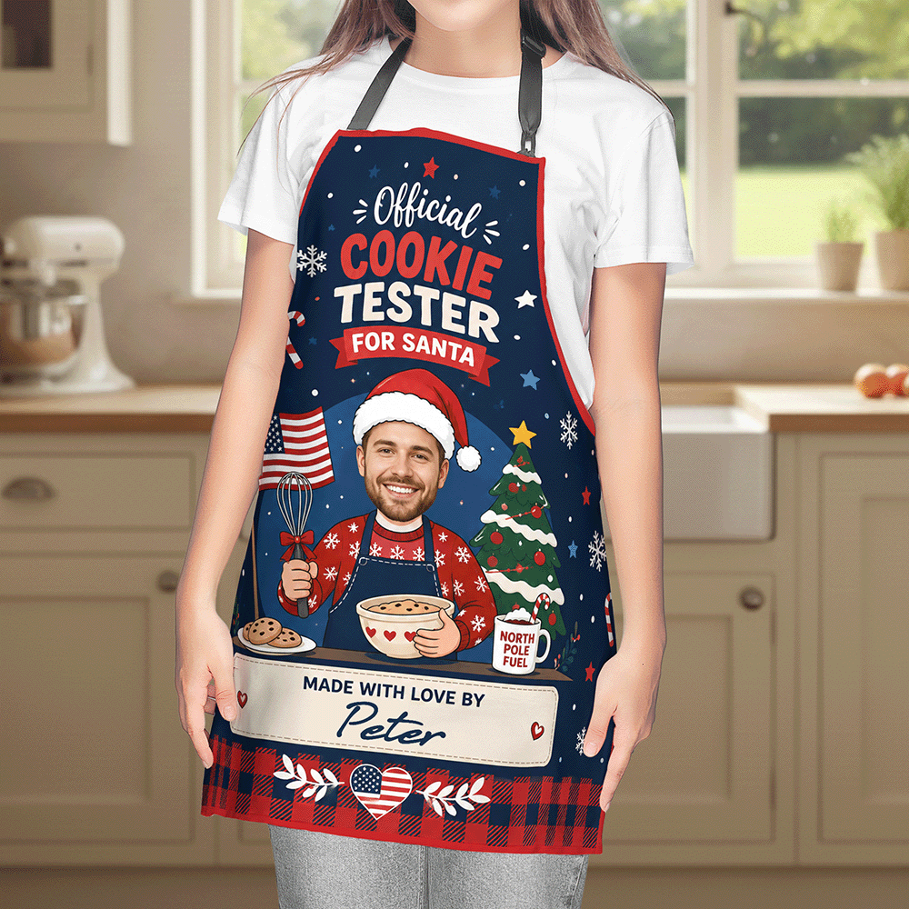 Personalized Official Cookie Tester for Santa Apron with Photo & Name, Made with Love by Custom Name Christmas Baking Apron, Holiday Gift for Kids & Family