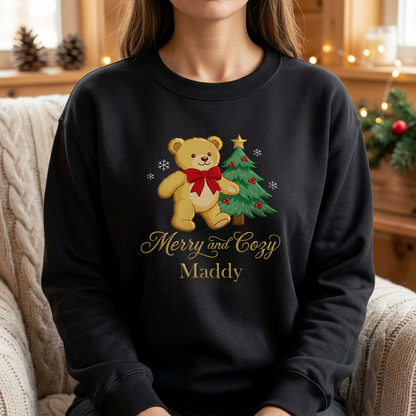 Personalized Merry and Cozy Teddy Bear Christmas Tree Sweatshirt