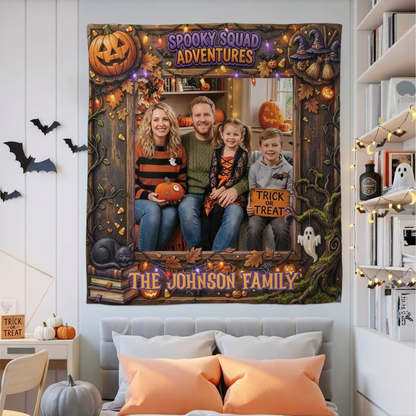 Personalized Halloween Spooky Squad Adventures Photo Tapestry, Custom Family Photo Name Wall Hanging Decor, Spooky Pumpkin Witch Party Backdrop