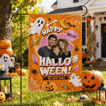Personalized Happy Halloween Custom Family Photo Ghost Pumpkin Double Sided Outdoor Garden Flag Custom Name Yard Banner