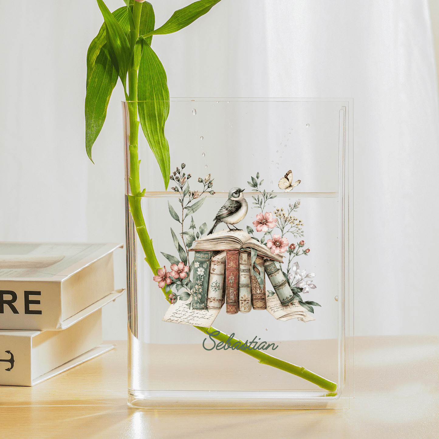 Personalized Vintage Books & Bird Acrylic Book Vase, Custom Name Literary Flower Vase