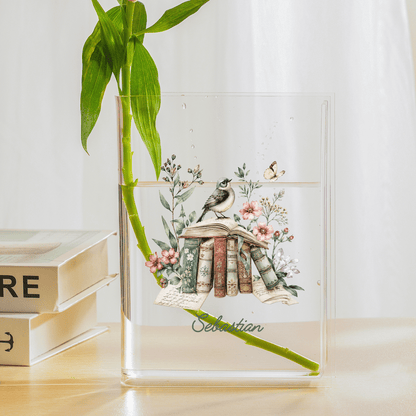 Personalized Vintage Books & Bird Acrylic Book Vase, Custom Name Literary Flower Vase