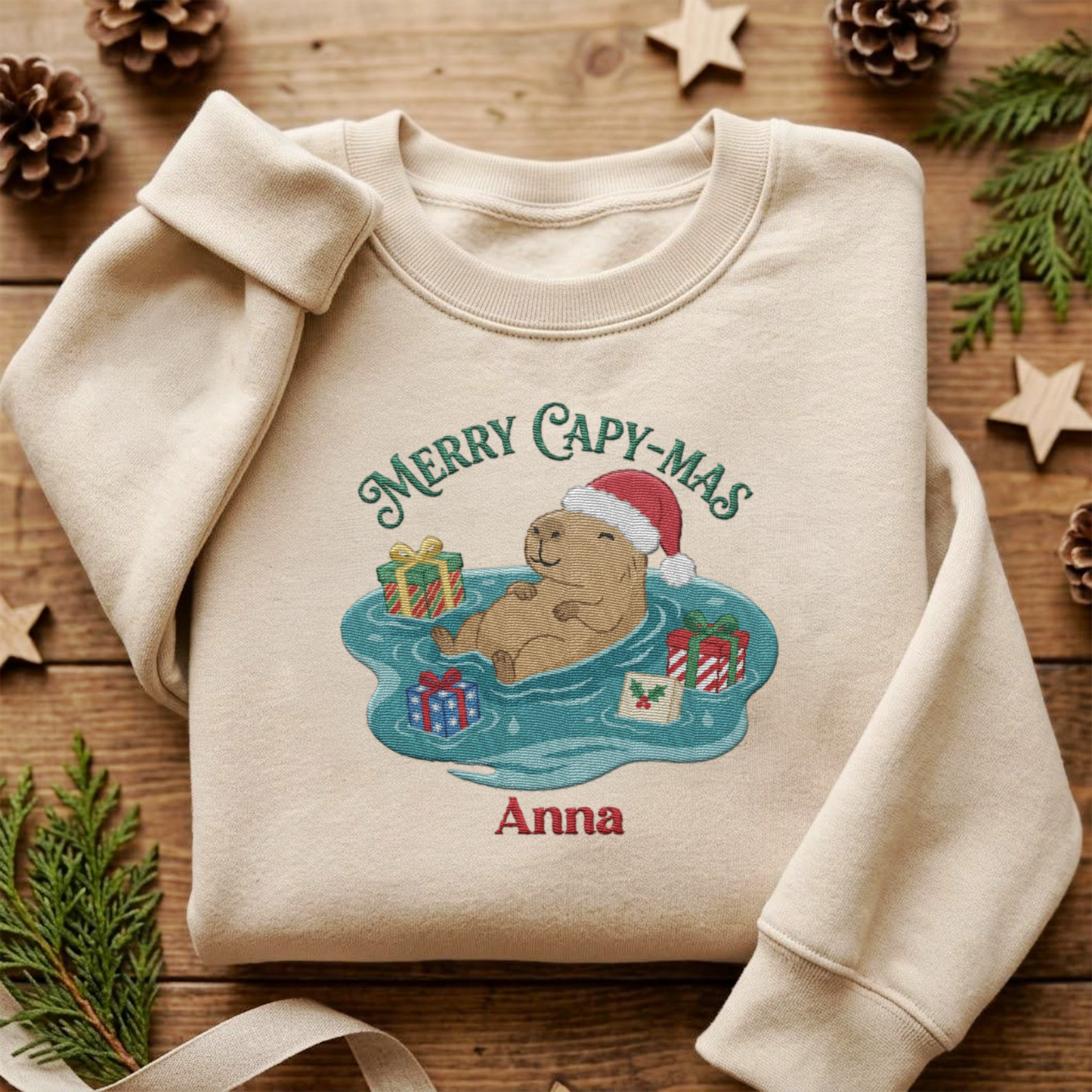 Personalized Merry Capy-Mas Embroidered Sweatshirt | Custom Name Christmas Capybara Crewneck Gift