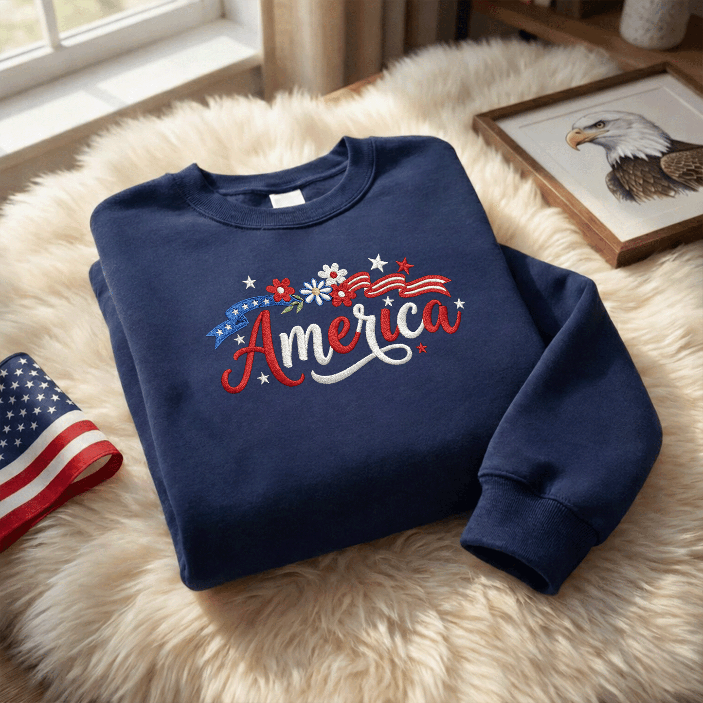 Floral America Embroidery Design - Patriotic USA Flag with Flowers