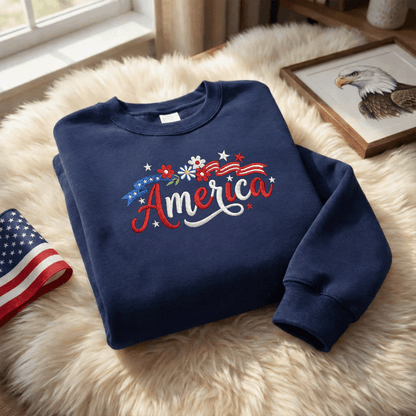 Floral America Embroidery Design - Patriotic USA Flag with Flowers