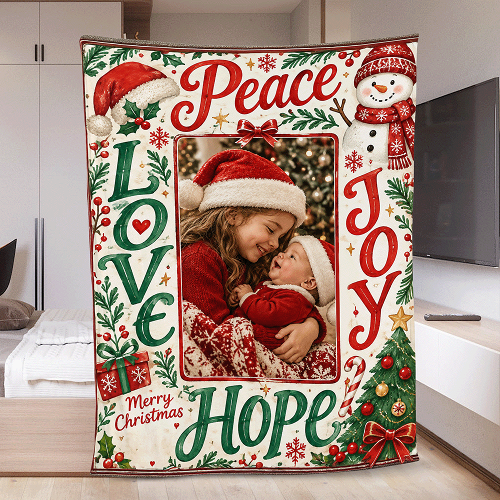 Personalized Photo Peace Love Joy Hope Christmas Blanket, Custom Picture Holiday Fleece Blanket for Family Kids, Cozy Xmas Throw Keepsake Gift
