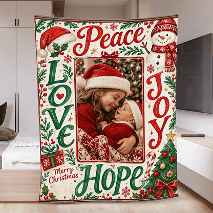 Personalized Photo Peace Love Joy Hope Christmas Blanket, Custom Picture Holiday Fleece Blanket for Family Kids, Cozy Xmas Throw Keepsake Gift
