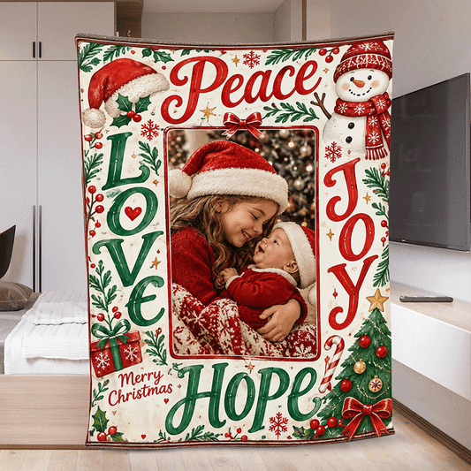 Personalized Photo Peace Love Joy Hope Christmas Blanket, Custom Picture Holiday Fleece Blanket for Family Kids, Cozy Xmas Throw Keepsake Gift