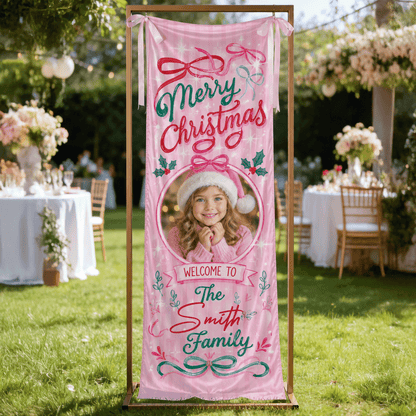 Custom Photo Pink Coquette Christmas Family Fabric Welcome Banner, Personalized Family Name Holiday Entrance Hanging Sign with Ribbon Ties, Pink Bow & Ribbon Girl Xmas Party Decor