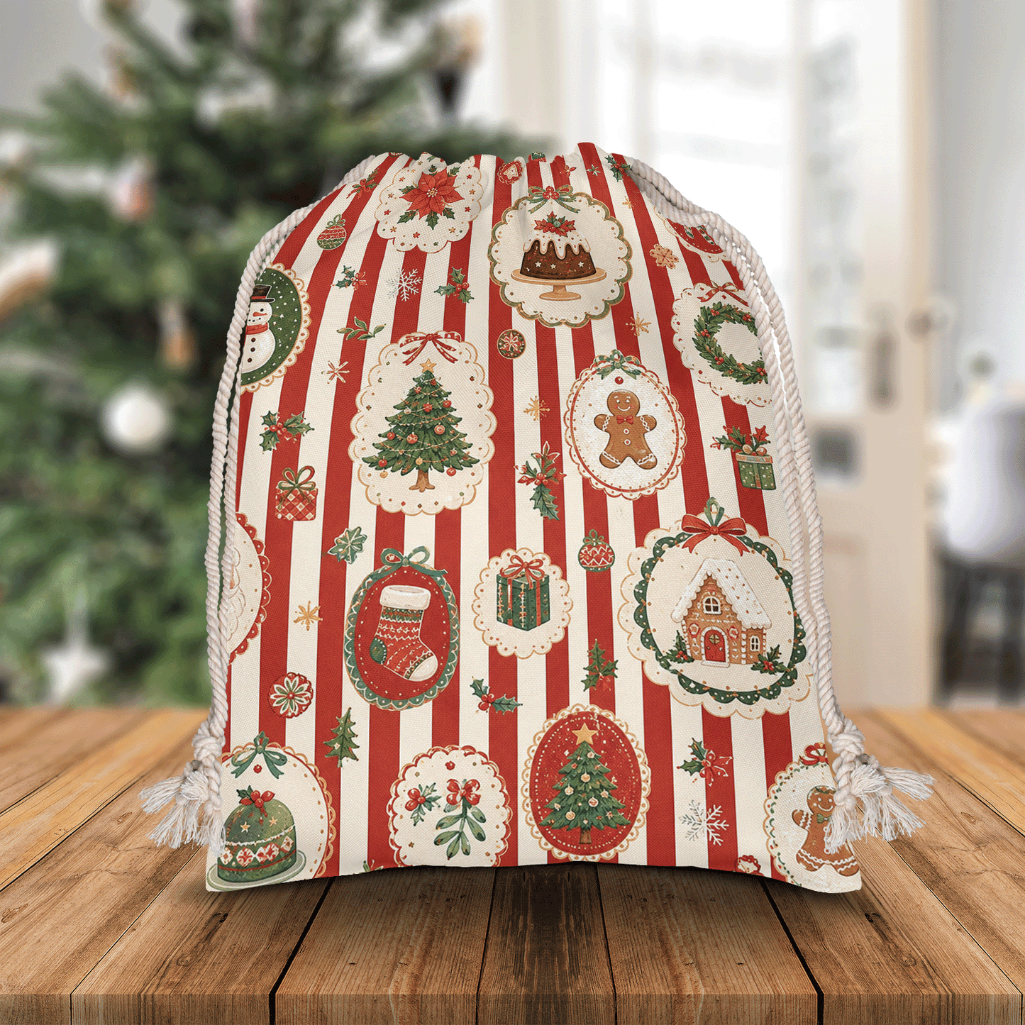 Classic Red & White Striped Christmas Sack | Reusable Holiday Gift Bag