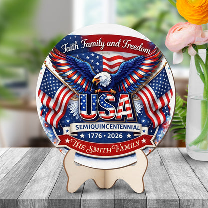 Faith Family and Freedom USA 250th Anniversary Personalized 2-Layer Wood Sign – Custom Family Name Patriotic Door Sign