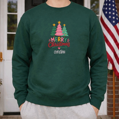 Personalized Embroidered Merry Christmas Trees Sweatshirt, Custom Name Holiday Pullover