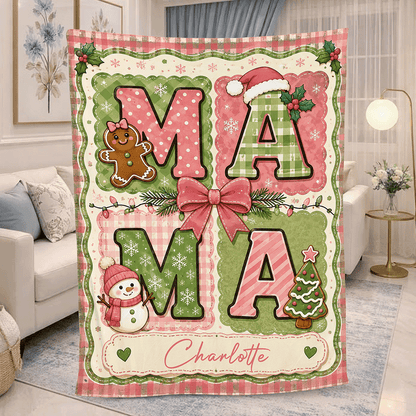 Personalized MAMA Christmas Grid Blanket, Custom Name Pastel Holiday Fleece Blanket for Mom, Cozy Pink Green Xmas Throw Keepsake Gift