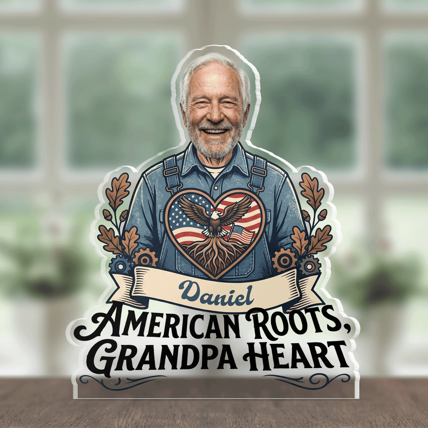 American Roots Grandpa Heart Acrylic Plaque – Personalized Photo Gift for Grandpa