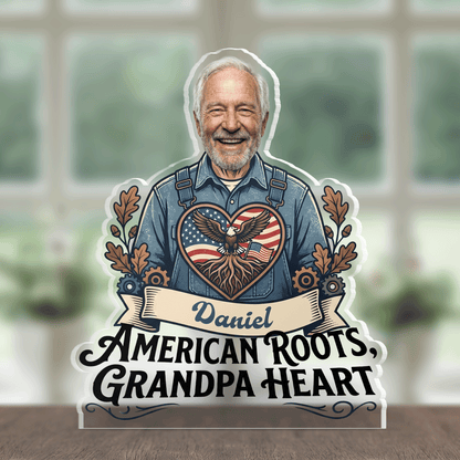 American Roots Grandpa Heart Acrylic Plaque – Personalized Photo Gift for Grandpa