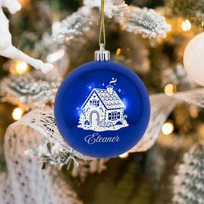 Personalized Name Gingerbread House Blue Christmas Ball Ornament, Custom Line Art Shatterproof Plastic Bauble