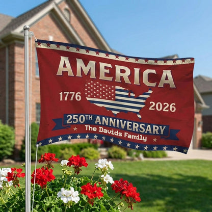 Personalized Family Name America 250th Anniversary Banner House Flag Red