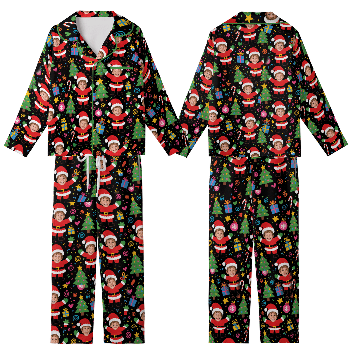 Custom Face Photo Dancing Santa Claus Christmas Personalized Kid Pajamas Set Black Satin Long Sleeve Button Up Holiday Sleepwear Nightwear Lounge Set