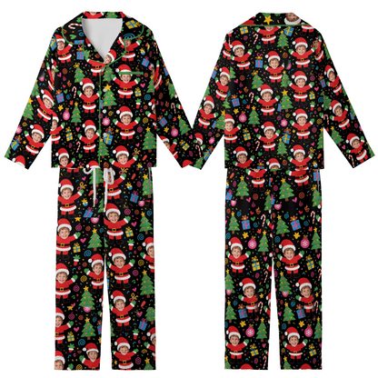 Custom Face Photo Dancing Santa Claus Christmas Personalized Kid Pajamas Set Black Satin Long Sleeve Button Up Holiday Sleepwear Nightwear Lounge Set